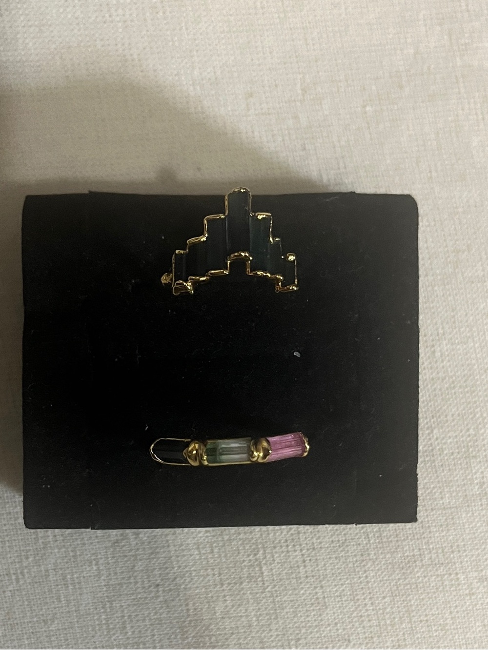 Ringcrush 24K Yellow Gold Tourmaline Art Deco Crown & Triple Baguette Ring Set